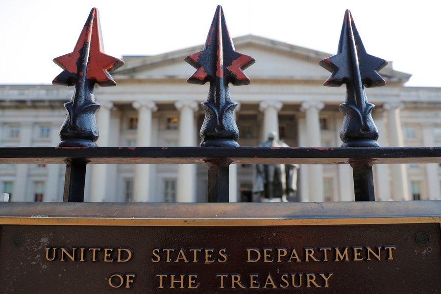 A sign marks the U.S Treasury Department in Washington, U.S., August 6, 2018. Photo Credit: Brian Snyder