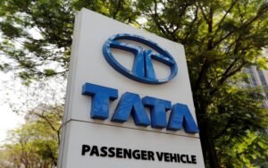 A Tata Motors logo is pictured outside the company showroom in Mumbai, India