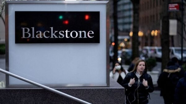 Signage is seen outside the Blackstone Group headquarters