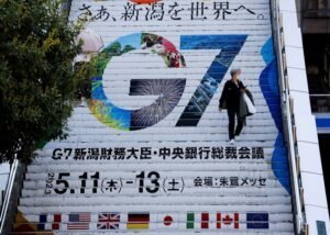 The logo of the G7 Finance Ministers and Central Bank Governors' meeting is displayed at Niigata station, ahead of the meeting, in Niigata, Japan, May 10, 2023. REUTERS/Issei Kato