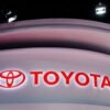The Toyota logo is seen at its booth during a media day for the Auto Shanghai show in Shanghai, China April 19, 2021. REUTERS/Aly Song/File Photo