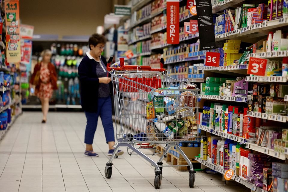 A shopping trolley is seen as customers shop at a Carrefour supermarket in Montesson near Paris, France, September 13, 2023. REUTERS/Sarah Meyssonnier/File Photo