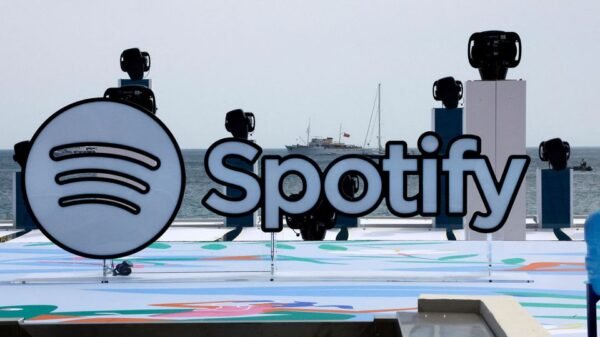 A logo of Spotify is seen on a beach during the Cannes Lions International Festival of Creativity in Cannes, France, June 20, 2023. REUTERS/Eric Gaillard/File Photo