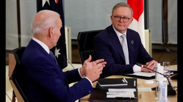 U.S. President Joe Biden and Australia's Prime Minister Anthony Albanese attend a Quad meeting on the sidelines of the G7 summit, at the Grand Prince Hotel in Hiroshima, Japan, May 20, 2023. REUTERS/Jonathan Ernst/Pool/File Photo