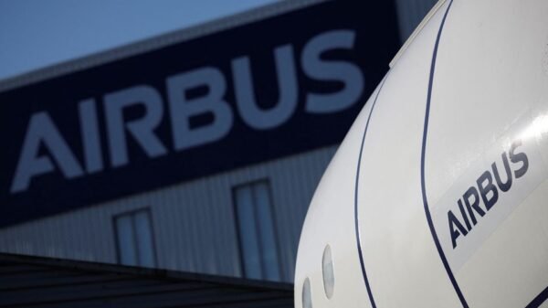 The logo of Airbus is pictured outside the Airbus facility in Saint-Nazaire, France, November 7, 2023. REUTERS/Stephane Mahe