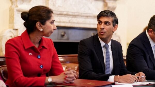 Home Secretary Suella Braverman with Prime Minister Rishi Sunak as he hosts a policing roundtable at 10 Downing Street, London, Britain October 12, 2023. James Manning/Pool via REUTERS/File Photo