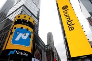 Displays outside the Nasdaq MarketSite are pictured as dating app operator Bumble Inc. (BMBL) made its debut on the Nasdaq stock exchange during the company's IPO in New York City, New York, U.S., February 11, 2021. REUTERS/Mike Segar/File Photo