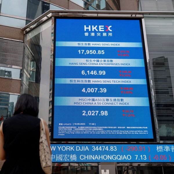 A screen showing the Hang Seng stock index is seen outside Exchange Square, in Hong Kong, China, August 18, 2023. REUTERS/Tyrone Siu/File Photo