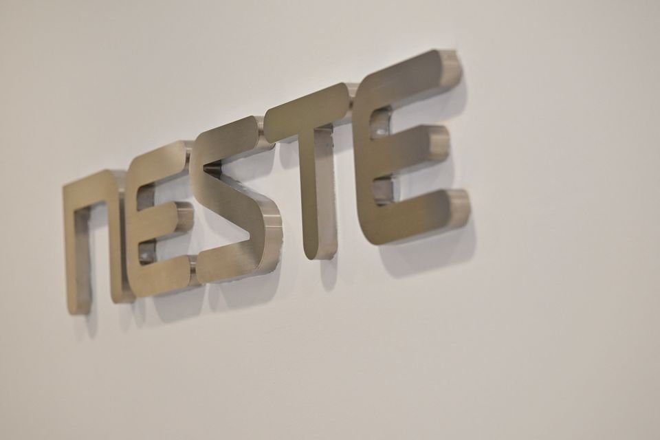 A view of the Neste logo at the Neste refinery located in Tuas South, Singapore May 16, 2023. REUTERS/Caroline Chia/File Photo