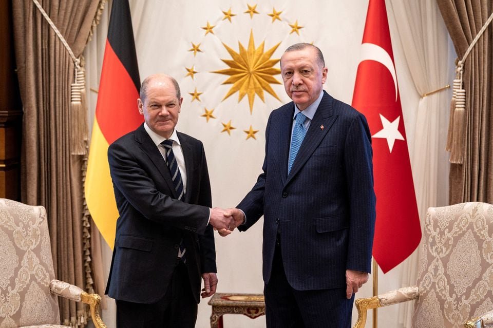 German Chancellor Olaf Scholz meets with Turkey's President Recep Tayyip Erdogan in Ankara, Turkey, March 14, 2022. Guido Bergmann/BPA/Handout via REUTERS/File Photo