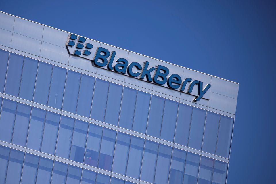 The Blackberry logo is shown on a office tower in Irvine, California, U.S., October 20, 2020. REUTERS/Mike Blake