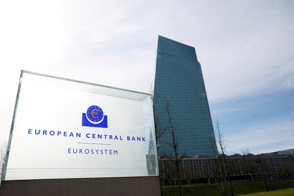 A view shows the logo of the European Central Bank (ECB) outside its headquarters in Frankfurt, Germany March 16, 2023. REUTERS/Heiko Becker//File Photo