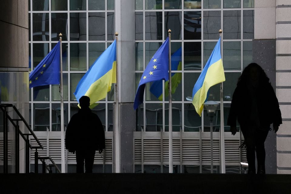 Flags of Ukraine fly in front of the EU Parliament building on the first anniversary of the Russian invasion, in Brussels, Belgium February 24, 2023. REUTERS/Yves Herman/File Photo