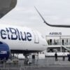 JetBlue Airbus A321LR is displayed at the 54th International Paris Air Show at Le Bourget Airport near Paris, France, June 20, 2023. REUTERS/Benoit Tessier/File Photo