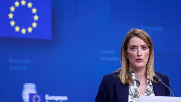 President of the European Parliament Roberta Metsola speaks during a press conference at a European Union leaders' summit, in Brussels, Belgium December 14, 2023. REUTERS/Johanna Geron