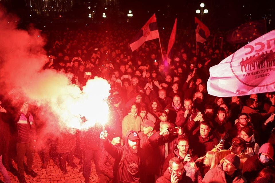 Supporters of the opposition 'Serbia Against Violence' (SPN) attend a protest, after the SPN alleged major election law violations in the Belgrade city and parliament races, in Belgrade, Serbia, December 24, 2023. REUTERS/Marko Djurica