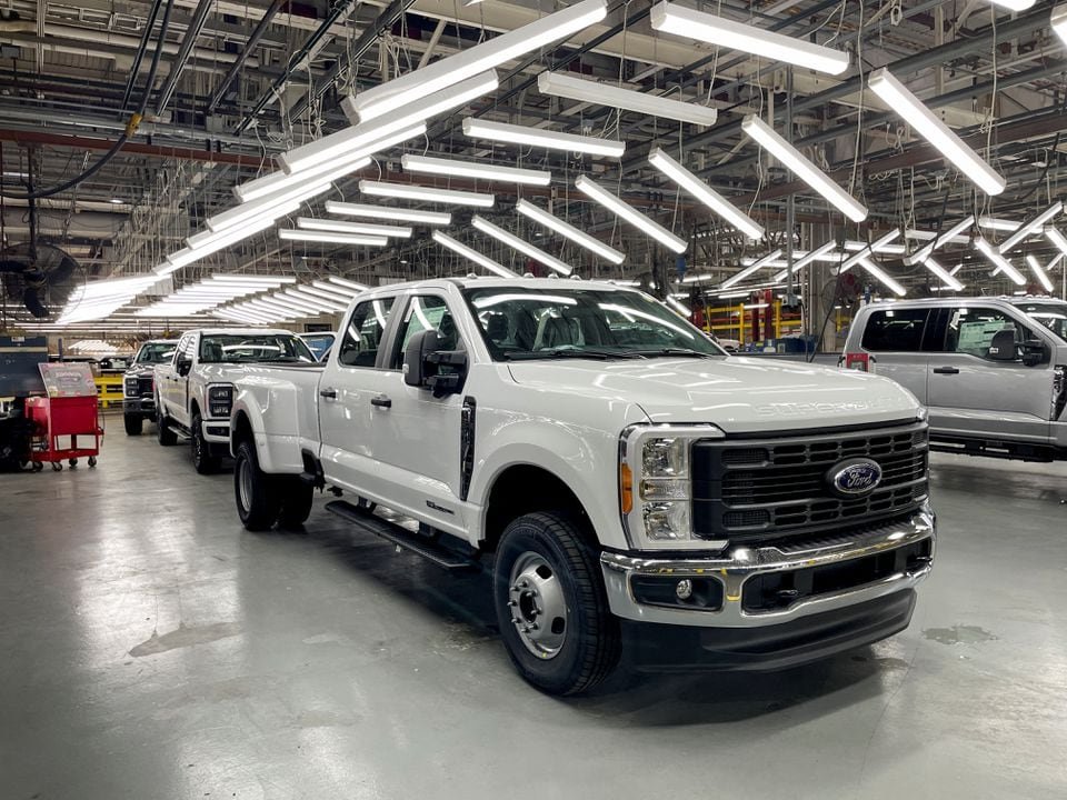 Ford Super Duty trucks are seen at the Kentucky Truck assembly plant in Louisville, Kentucky, U.S., April 27, 2023. REUTERS/Joseph White/File Photo