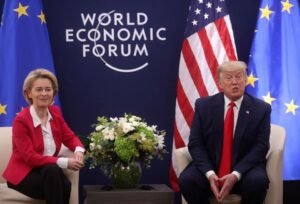 Then-U.S. President Donald Trump speaks dutring a bilateral meeting with European Commission President Ursula von der Leyen during the 50th World Economic Forum (WEF) annual meeting in Davos, Switzerland, January 21, 2020. REUTERS/Jonathan Ernst/File Photo